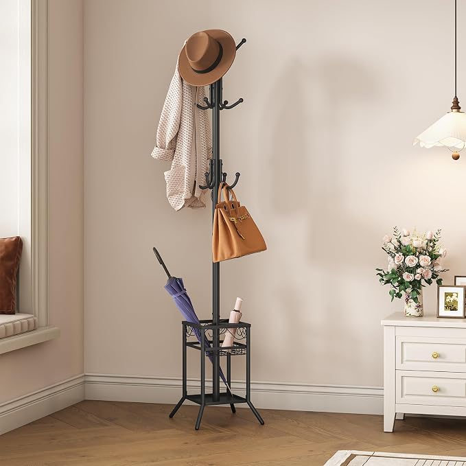 ELYKEN Coat Rack Freestanding, Coat Tree with Umbrella Holder, Metal Coat Rack Stand with 12 Hooks, Modern Standing Coat Hanger Stand, Hall Tree for Entryway Living Room Bedroom Office, Black