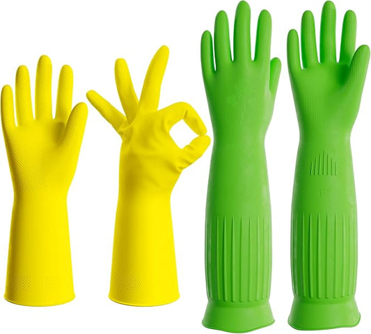 PrettyCare 2 Pairs Rubber Cleaning Gloves long & short for Household - Reusable Dishwashing Gloves for Kitchen, Flexible Long-lasting