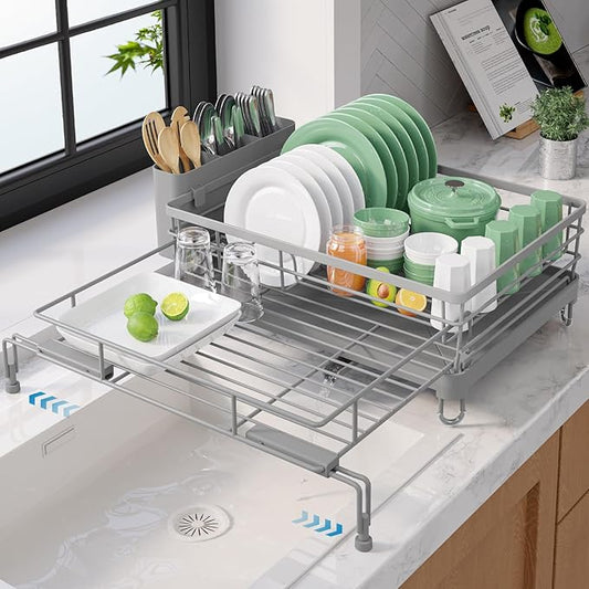 Kitsure Extendable Dish Drying Rack - Rust-Resistant Dish Racks for Kitchen Counter with Adjustable Support Legs, Cutlery Holder & Removable Draining Tray (Grey, 15.6''-25.2''L × 16.9''W × 8.1''H)