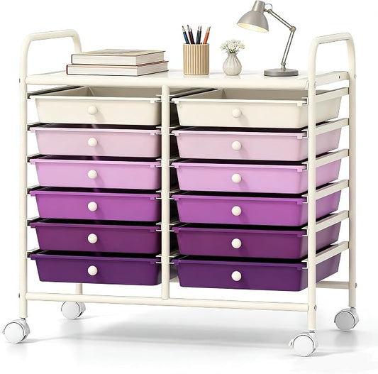 COSTWAY 12-Drawer Rolling Storage Cart, Utility Storage Organizer Cart for Tools, Scrapbook, Paper, Craft, Multipurpose Art Supply Organizer on Wheels for Home Office School, Teacher, Purple Gradient
