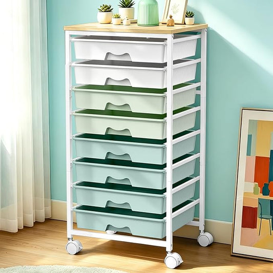 SUNALLY Rolling Storage Utility Cart With 8 Drawers, Storage Drawer Cart with Wooden Tabletop and 2 Lockable Wheels, 8 Tier Rolling Cart for Craft Art Supply Storage & Home Office Organization, Green