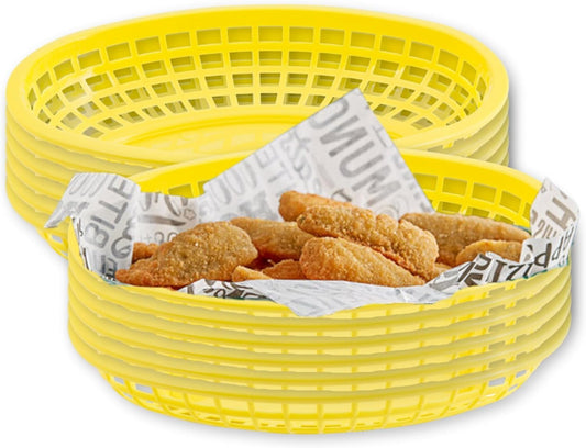 TableCraft C1074Y Oval Cash and Carry Basket, Yellow, Stackable Plastic Food Baskets, 9.31" x 6.18" x 1.88", Pack of 12, Dishwasher Safe