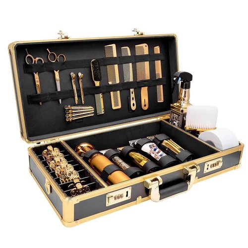 BARBERTOP Professional Barber Supplies Case, Barber Cases for Clippers and Supplies, Hairdressing Tools Storage Case with Handle and Secure Numlock, Barber Travel (Golden)