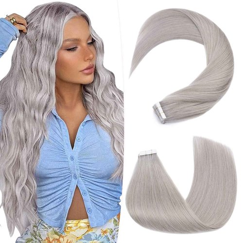 Hairro Tape In Human Hair Extensions For Women Remy Tape Ins Invisible Natural Tape On Hair Extensions 24 inch 50g 20pcs #GREY