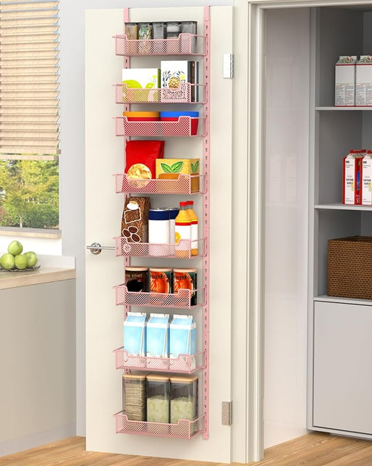 VyGrow 12.3" W Narrow Over the Door Pantry Organizer, 8-Tier Over the Door Organizer with Adjustable Basket, Pantry Door Organization for Pantry Kitchen Storage Room Spice Rack, Pink