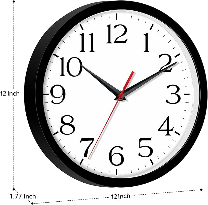 DAXSMY 12 Inch Wall Clock - Battery Operated, Silent Non-Ticking Analog Sweep Movement - Easy to Read Numbers for Home, Office, Kitchen, Classroom (Black)