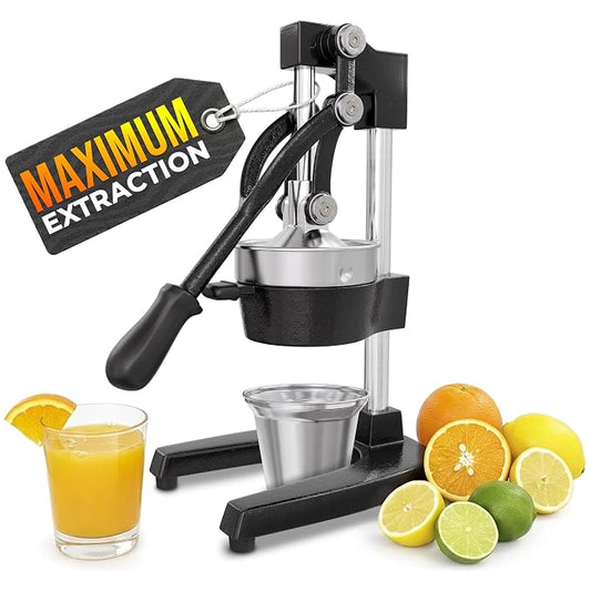 Cast Iron Juicer Hand Press, Heavy-Duty Squeezer – One Pull Extracts Full Juice with No Electricity – Manual Citrus Press Juicer & Orange Squeezer for Lemon, Lime, and Lemonade at Home or Bar (Black)