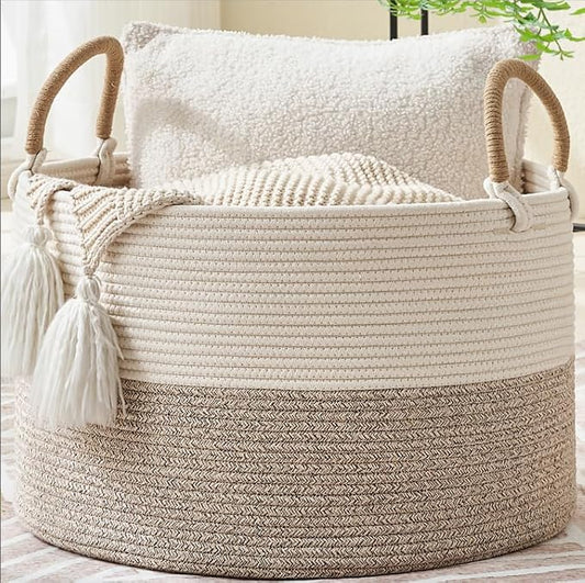 KAKAMAY Cotton Rope Storage Basket (20"x13"),Woven Hamper for Blankets,Toys,Pillows,Clothes,Laundry,Sturdy Handles Decorative Basket for Living Room, Bedroom,Nursery(Beige)