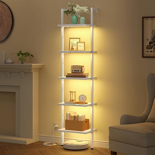 Tajsoon 5 Tier Ladder Bookshelf with Light, Wall Mounted Book Shelf, Wooden Wall Mounted Ladder Bookshelf with Metal Frame, Industrial Ladder Shelf for Office, Living Room, Bedroom, White