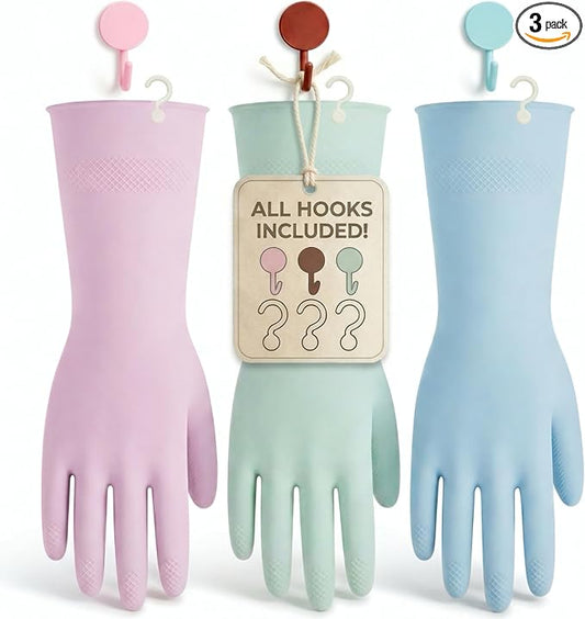 IMARU 3 Pairs Dishwashing Gloves with Hanging Hooks - Reusable Rubber Cleaning Gloves for Household & Kitchen & Gardening, Non-Slip & Waterproof & Durable (Medium)