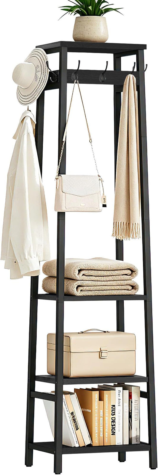 Coat Rack Freestanding, Coat Stand with 3 Shelves and 7 Hooks, Hall Tree Free Standing, Clothes Rack Stand Organizer for Bedroom, Hallway, Entryway, Living Room, Industrial Style, Black
