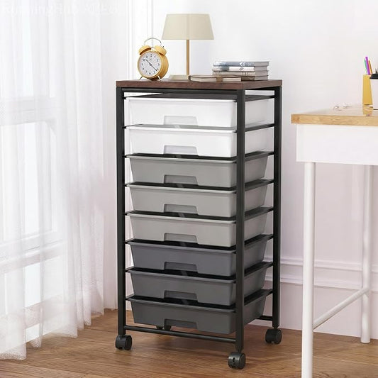 Rolling Cart with 8 Drawers, Storage Drawers Cart with Wooden Tabletop and Lockable Wheels, Craft Storage for Living Room, Office, Classroom, Craft Room, Bedroom (Gray)