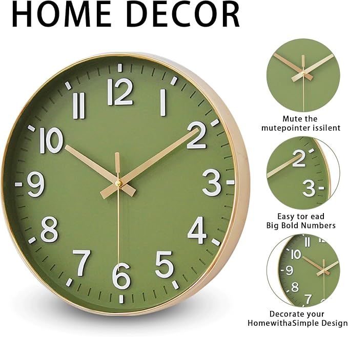 HZDHCLH Wall Clocks Battery Operated,Wall Clock Green Gold,10 inch Wall Clock Silent Non Ticking Modern 3D Numbers for Kitchen Bedroom Living Room Office Classroom Decor