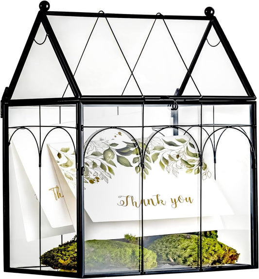 NCYP Glass Terrarium with Lid for Cacti, Succulents, Small Plants - 7.5 x 4.9 x 9 inches Closed Geometric Planter Box - Home Indoor Tabletop House Shape Decorative, Black (Terrarium Only)