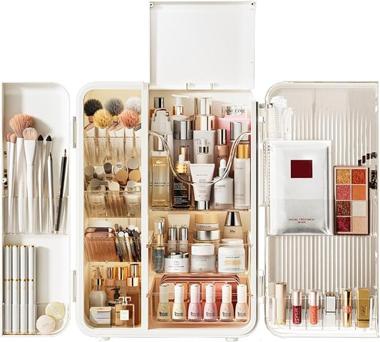 SEE SPRING Makeup Organizer for Vanity, Large Capacity Skincare Organizers and Storage with Drawers, Dustproof Cosmetic Display Case for Bathroom Countertop, Trendy Teen Girl Gifts, White