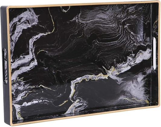 Decorative Tray, Marbling Plastic Tray with Handles, Rectangular Vanity Tray and Serving Tray for Bathroom, Kitchen, Ottoman and Coffee Table, 15.6” x 10.2”, Black