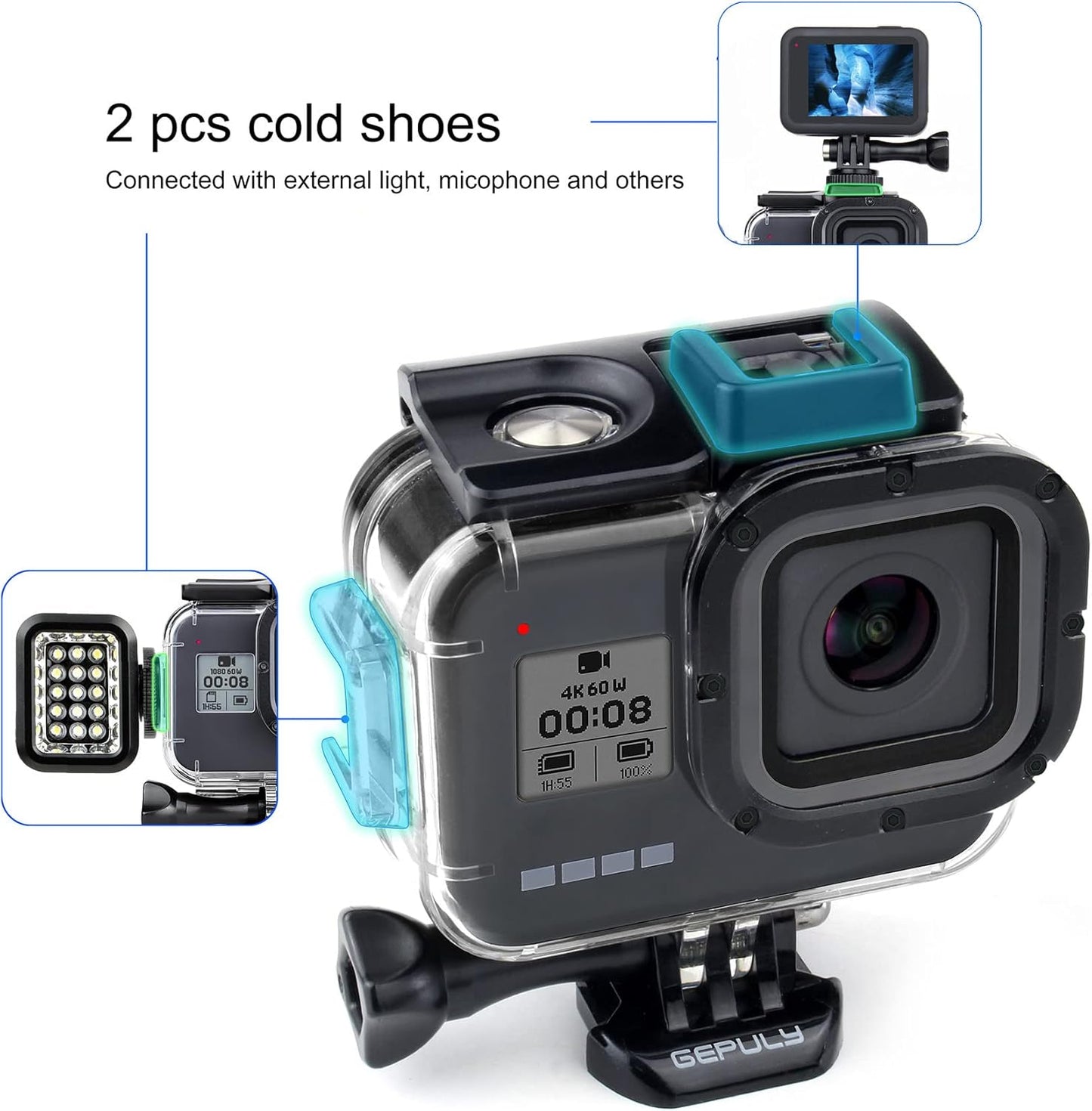 Waterproof Case for GoPro Hero 8 Black with 4-Pack Dive Filter, 60M Underwater Diving Housing Case with Red, Light Red, Magenta, Close-up Filters for GoPro Hero 8 Black Camera