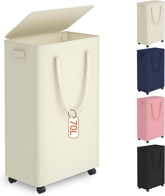 Slim Laundry Hamper with Wheels,18 Gal (70L) Rolling Laundry Basket with lid and wheels Clothes Hamper Foldable Tall Dirty Clothes Basket Sturdy Collapsible Clothes Hamper for Dorm,Laundry Room