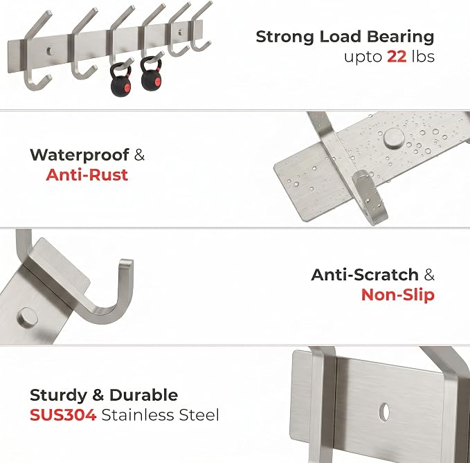 Coat Rack Wall Mount – Brushed Nickel 17 Inch Stainless Steel Hook Rail with 6 Heavy Duty Double Coat Hooks – Wall Mounted Coat Hanger for Entryway, Bathroom, Bedroom, Towel, Hat Organizer - 2 Pack