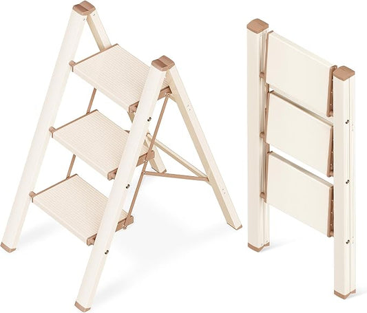 3 Step Ladder, Aluminum Folding Step Stool with Anti-Slip Sturdy and Wide Pedal, Lightweight Portable Stepladder for Home and Kitchen Use Space Saving, 330 lbs, Chocolate White