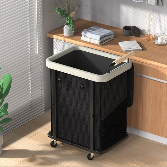 40 Gal (150L) Laundry Hamper with Lid,Leather Patchwork Laundry Baskets with Wheels and Handle,Dirty Clothes Hamper,Laundry Basket Organizer for Bedroom Aesthetic,Laundry Room,Dorm - Black Gray