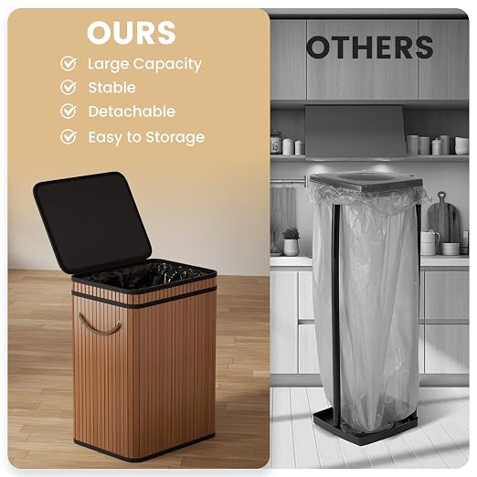 Mihoho 80 Liter/21 Gallon Large Trash Can with Lid, Garbage Bin Wastebasket Made of Bamboo, Outdoor Garbage Can/Waste/Basket Bin for Home, Office, Bathroom, Kitchen 24" HX15.8 WX11.8 D (Brown K)