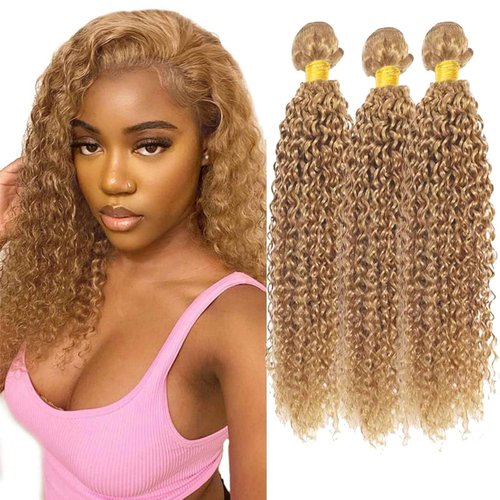 Fabimiya 22 24 26 Inch Human Hair Bundles Honey Blonde 27# Jerry Curly Bundles Human Hair 100% Unprocessed Soft Sewn In Hair with Double Weft for Black Women