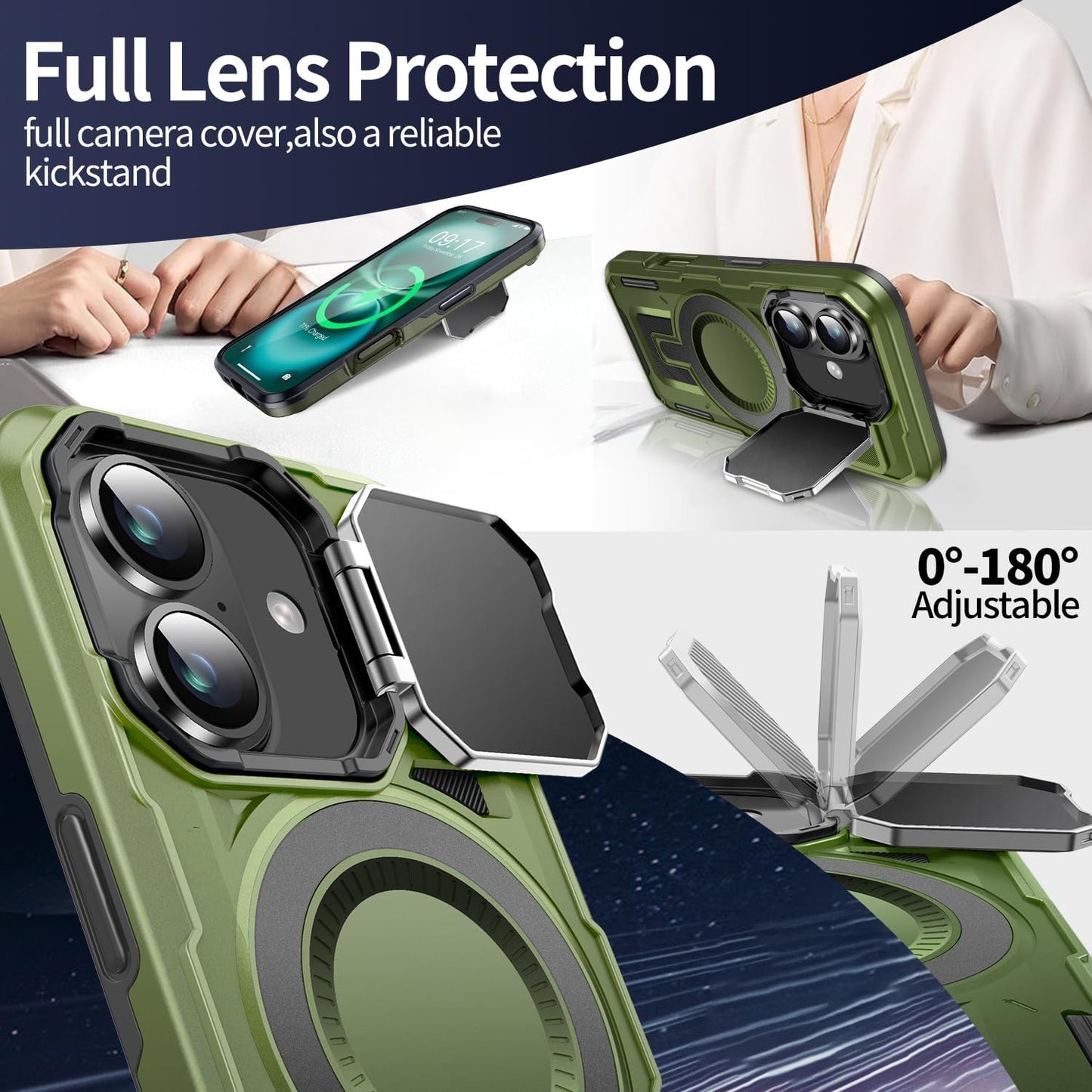 Camera Stand Case for iPhone 16 Plus, [Compatible with Mag Safe] [Lens Cover] 2024 Version Military Grade Protective Soft Case for iPhone 16 Plus 6.7 inch Men Women,Green