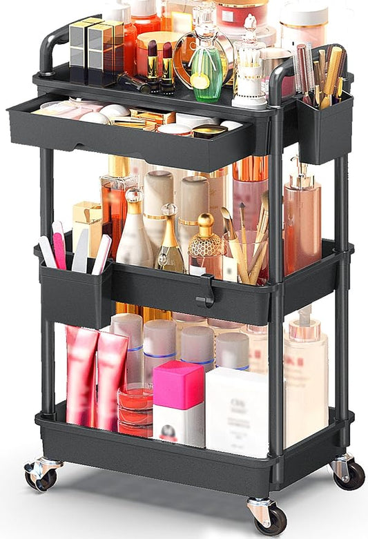 SUNALLY Makeup Cart Organizer with Drawers, Floor Skincare Organizers Vanity Storage Organizer, Rolling Makeup Bathroom Storage Cart Cosmetics Display Cases for Skin Care Perfume Nail Polish, Black