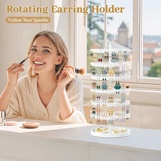 MODOWEY 6 Tier Rotating Earring Holder Organizer Display Tree with Metal Tray, Adjustable Plastic Stand with 342 Slots for Stud Hoop Hanger, Large Capacity Storage Rack for Women Space-Saving, White