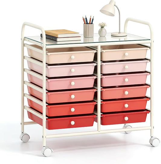 COSTWAY 12-Drawer Rolling Storage Cart, Utility Storage Organizer Cart for Tools, Scrapbook, Paper, Craft, Multipurpose Art Supply Organizer on Wheels for Home Office School, Teacher, Mixed Pink