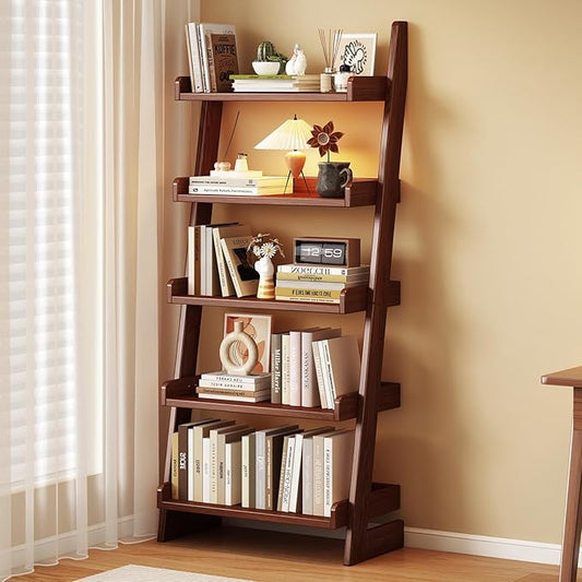 5 Tier Ladder Shelf, Leaning Bookshelf with Wood Frame, 5 Shelf Tall Bookcase Standing Storage Organizer Solid Wood Storage Shelves for Living Room, Bedroom, Home Office (Walnut)