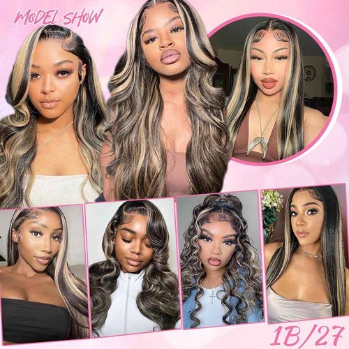 eddfine Ombre Glueless Wigs Human Hair Pre Plucked Pre Cut 5x5 Hd Lace Closure Wigs Human Hair 16 Inch 1B/27 Colored Highlight Body Wave Wigs 250% Density Glueless Wigs for Beginners