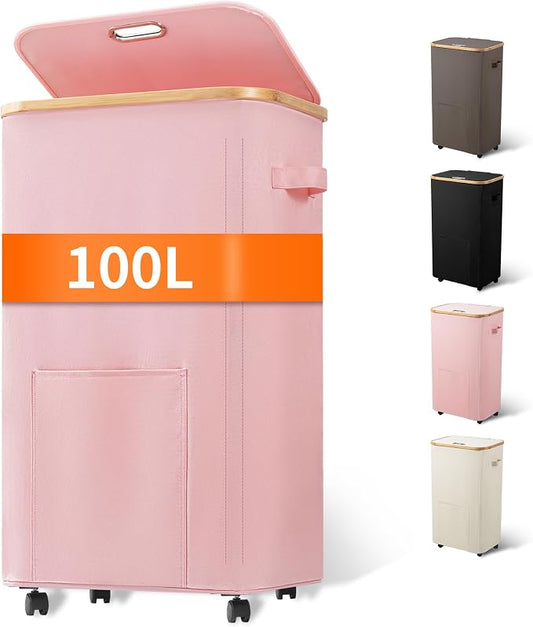 Vincona Laundry Basket with Wheels, Tall Dirty Clothes Hamper on Wheels, Rolling Laundry Hamper with lid for Dorm, Bedroom and Bathroom (Pink, 100L)