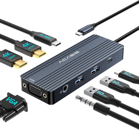 ACASIS USB C Docking Station Dual Monitors,8-in-1 Laptop Docking Station with Dual HDMI +VGA +2 * 5G USB-A/C+3.5MM Audio+PD100W, USB C HUB multiport Adapter for Dell/HP/Lenovo ThinkPad（Gray）