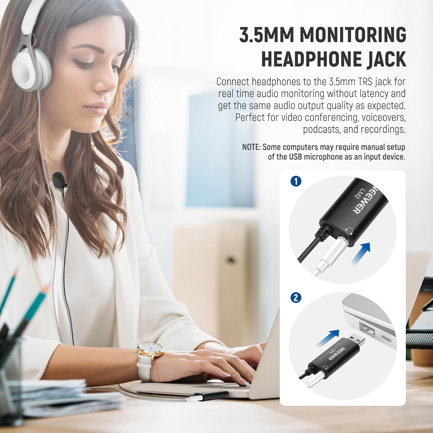 NEEWER USB Lapel Microphone, Plug & Play Mini Omnidirectional Clip On Lavalier Mic with 3.5mm Monitoring Headphones Jack for USB 2.0 Mac Windows PC Laptop Computer YouTube Skype Podcast Gaming, LM2