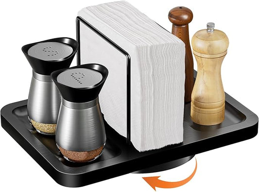 Rotating Napkin Holder for Table, Bamboo Standing Napkin Dispenser with Salt Pepper Shakers Caddy, Black Metal Hand Towel Holder for Bathroom Home Kitchen Farmhouse Decor Not Including Shakers
