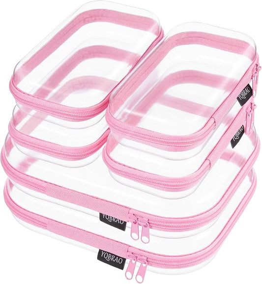 6 Pack Pink Clear Hard Shell Beauty Organizer (2M+4S), 1.2mm Heavy Duty Crush-Proof Cosmetic Case, Reinforced YKK Zippers, Stadium Approved Security Bag for Skincare & Electronics, Multi-Size Set