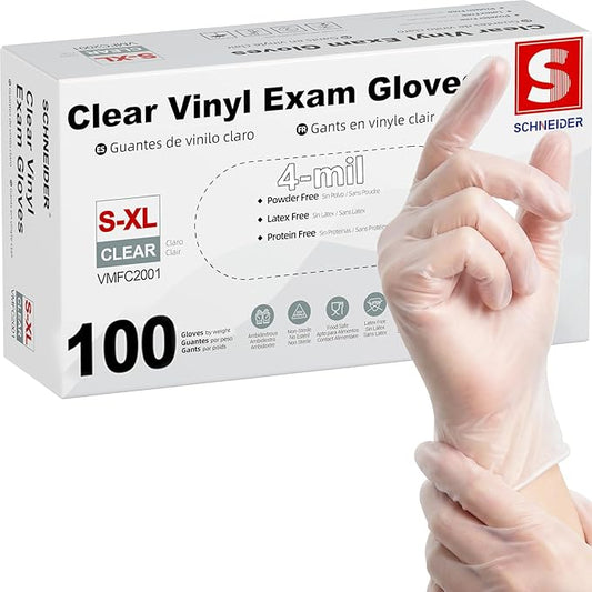 Schneider Clear Vinyl Exam Gloves, Latex-Free, Disposable Medical Gloves, Cleaning Gloves, Food Safe, Powder-Free, 4 mil