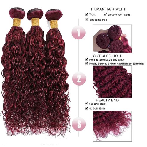 Fabimiya Human Hair Bundles Burgundy 99J Water Wave 26 28 30 Inch Bundles Human Hair 100% Unprocessed Burgundy Soft Sewn In Hair with Double Weft for Black Women