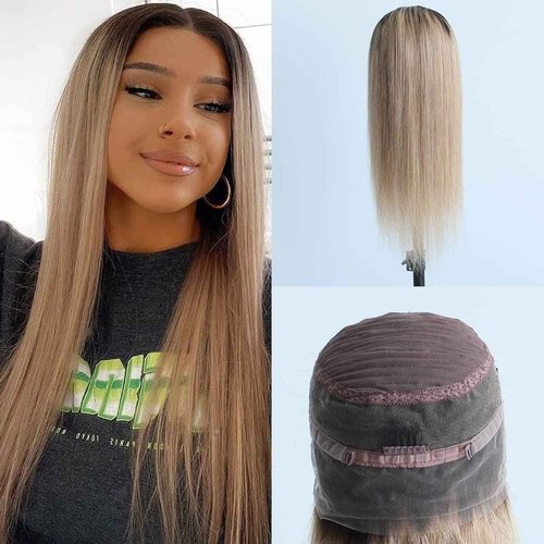 Aprilhair Pre-plucked Ombre #1B/27 Dark Root Honey Blonde 360 Lace Frontal Wigs Straight Glueless 150% Density Brazilian Virgin Human Hair With Baby Hair Full (12" inch, Straight)
