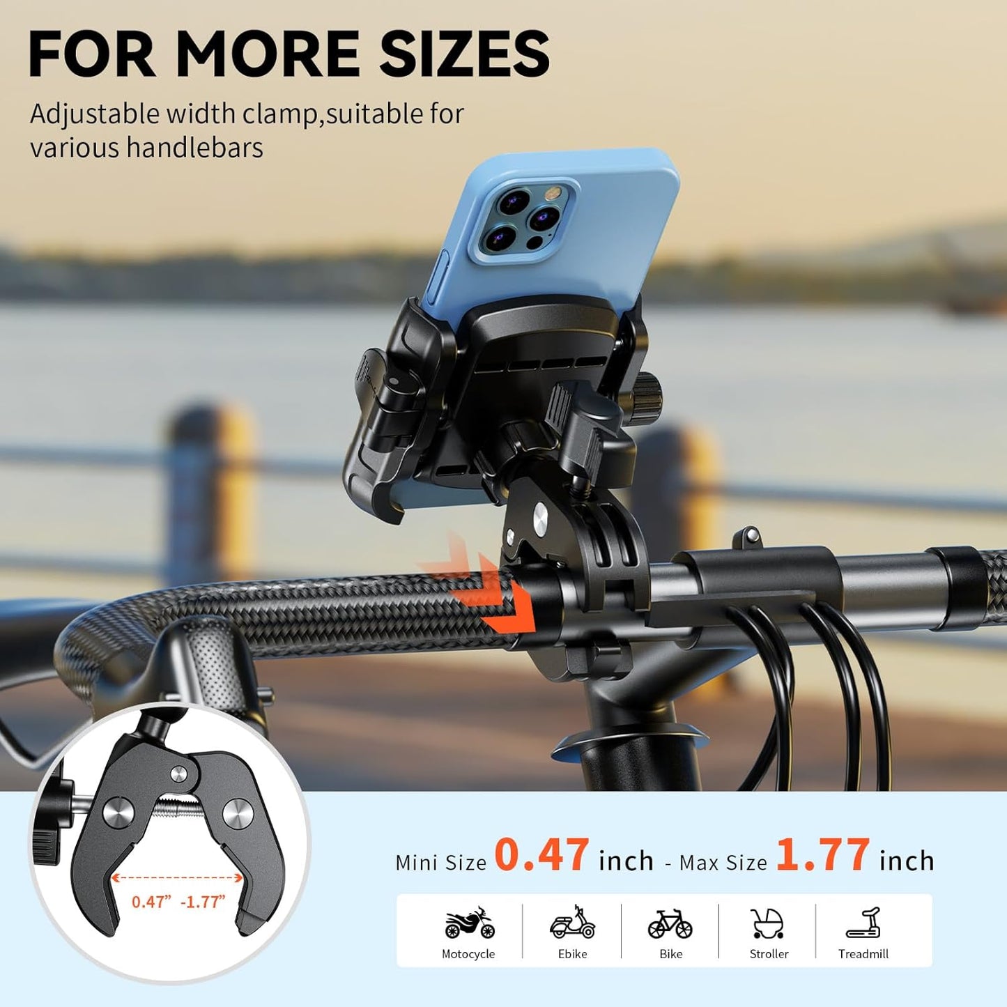 Kewig Motorcycle Phone Mount Holder- [Camera Friendly] [1s Lock & Release] Bike Phone Mount Handlebar Clamp, Bicycle Scooter Phone Holder for 5.4-7.2" Smartphones"