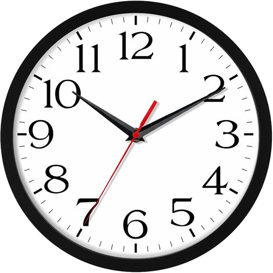 DAXSMY 10 Inch Wall Clock - Battery Operated, Silent Non-Ticking Analog Sweep Movement - Easy to Read Numbers for Home, Office, Kitchen, Classroom (Black)