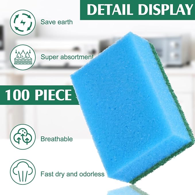 Patelai 100 Pcs Heavy Duty Sponges Kitchen Bulk Dish Sponges Scrub Sponge Abrasive Scrubber Cleaning Sponge Non Scratch Scouring Absorbent Dish for Washing Kitchen (Blue)