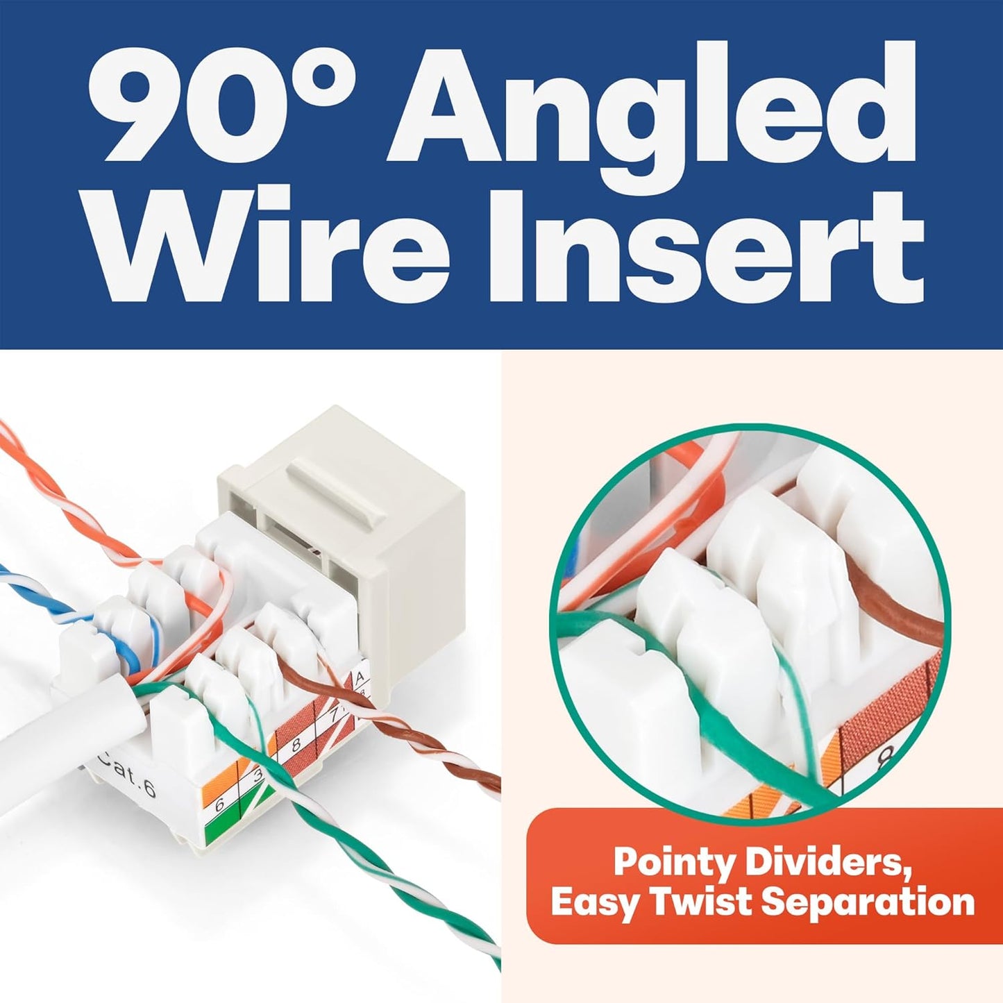 Everest 90° Angled RJ45 Cat6 Keystone Jacks 10-Pack in Light Almond - Slim Profile Female RJ45 Connectors - Cat 6 Keystone Jack - Compatible with 90° Angled Speed Termination Tool - easyJACK