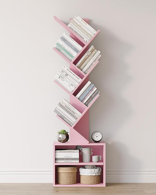 SUNMORY 6 Tier Tree Bookshelf, Small Bookcase with Storage Cabinet, Modern Tall Narrow Bookshelves Organizer, Floor Standing Book Shelf for Bedroom/Living Room/Home Office/Corner, Pink