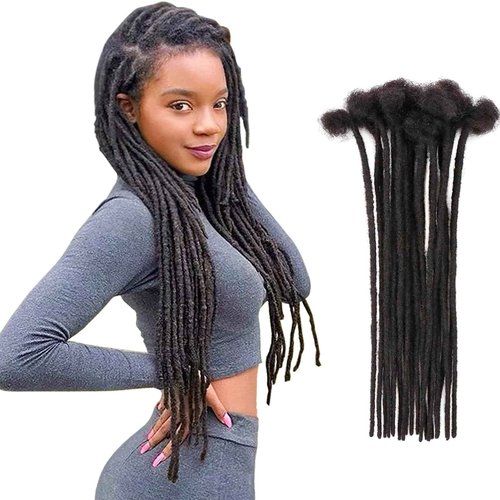 IXIMII 16 inch Dreadlock Extensions Human Hair 0.4cm 20 Strands Permanent Locs Extensions Soft Natural Black Human Dreads with Comb and Needle for Men Women Kids