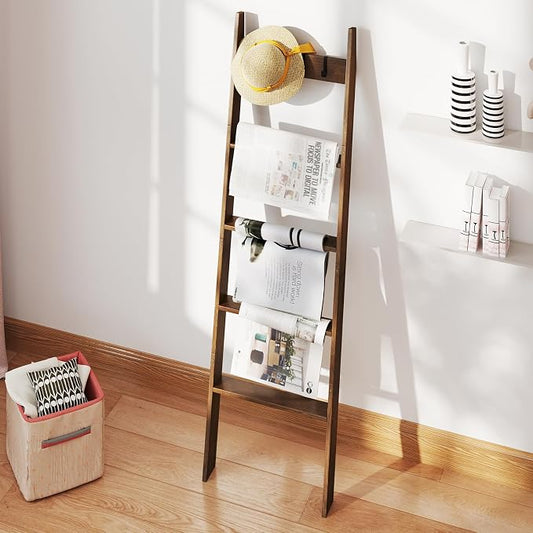 Giantex Bamboo Blanket Ladder, 5-Tier Ladder Shelf w/ 4 Removable Hooks, Decorative Wall Leaning Ladder, Blanket Holder w/Anti-Tip Straps, Farmhouse Towel Display Rack for Living Room, Bedroom