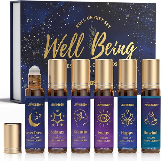 ARVIDSSON Essential Oils Roll On Set, Natural Self Care Essential Oil Blends Gift for Women - Sweet Dream, Unwind, Breahte, Balance, Focus, Happy, Aromatherapy Oil Roller for Body, Massage