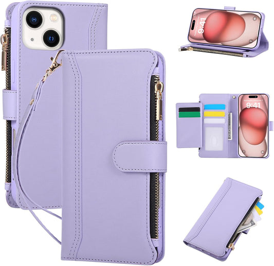 Compatible with iPhone 15 Wallet Phone Case-PU Leather Magnetic Flip Cover with Credit Card Slots,Zipper Pocket & Detachable Wrist Strap,Shockproof Design,for Women and Men-Purple